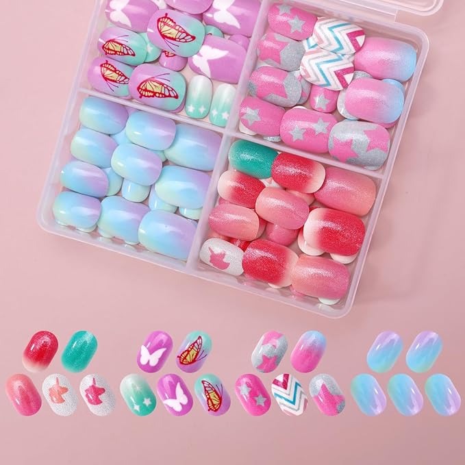 96Pcs 4 Packs Cute Short Press on Nails for Girls 4 Styles 12 Sizes Press on Nails for Kids Press ons with Butterfly Unicorn Star Aurora Designs Full Cover Acrylic Nails for Little Girl Gift Manicure
