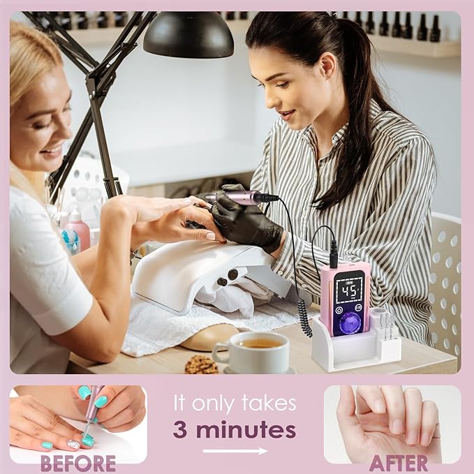 Electric Nail Drill 45000 RPM, Professional Rechargeable Nail File Kit, Portable Nail Drill Machine, Acrylic Nail Kit, Touch Screen Control, for Any Manicure, Pedicure, Pink