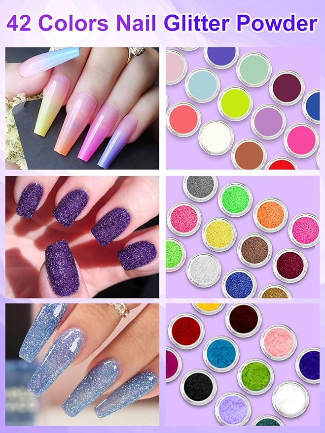 Professional Acrylic Nail Kit for Beginners - 42 Colors Glitter Powder, Liquid, UV Light, Drill, Practice Finger Nail Bag Organizer Case