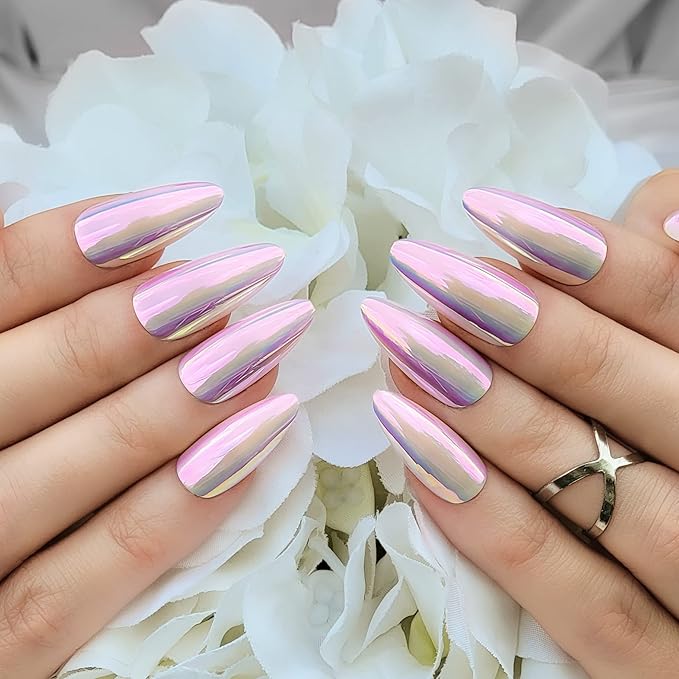 Hypnaughty 24 Pcs Light Pink Almond Chrome Luxury Press On Nails and Glue Reflective Medium Long Pointed False Nails (Light Pink Almond Chrome)