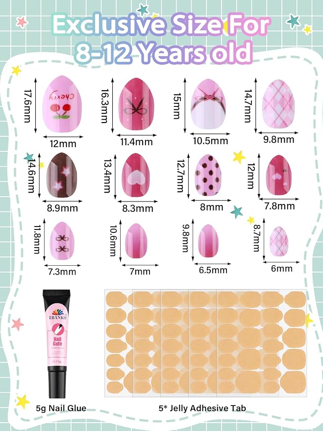 EBANKU 144 Pcs Press on Nail Kids, 6 Pack Mini Kid Flase Nails Kit with Nail Glue Set Fake Nail for Girls Nail DIY Salon Home Decor