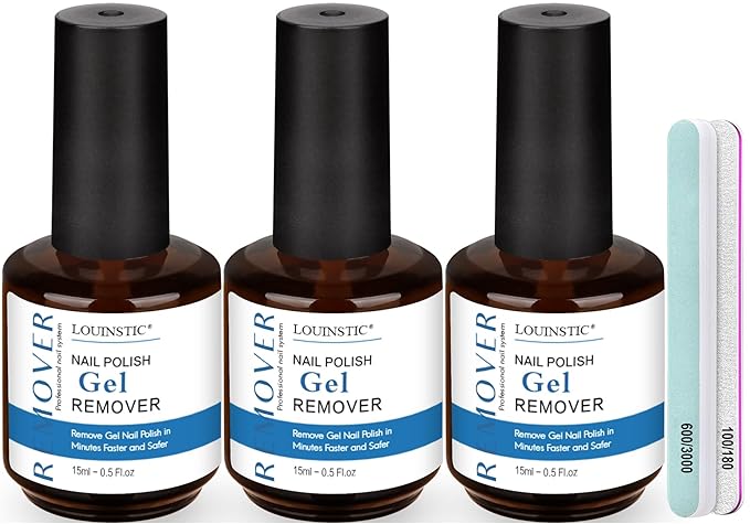 Gel Polish Remover – 45ML, Professional & Fast Gel Remover Kit, Easily Remove Gel Nail Polish in 2-5 Minutes, Gentle, Acetone Free, Not Damage to Natural Nails with Nail Files 3pcs