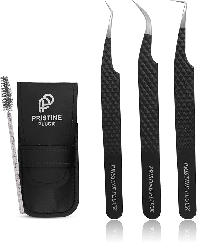 Lash Tweezers Set – Professional Eyelash Extension Tweezers Kit with Case & Brush – 3 Precision Lash Tweezers for Volume, Isolation & Classic Lashes – Anti-Static, Non-Slip Grip
