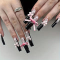 Square Press on Nails Long MABKJLF Black French Tip Fake Nails False Nails with Pink Bow Charms Ribbon Designs Glossy Glue on Nails Stick on Nail for Women Girls 24Pcs