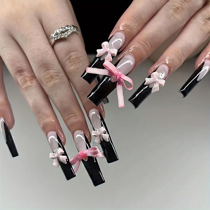 Square Press on Nails Long MABKJLF Black French Tip Fake Nails False Nails with Pink Bow Charms Ribbon Designs Glossy Glue on Nails Stick on Nail for Women Girls 24Pcs
