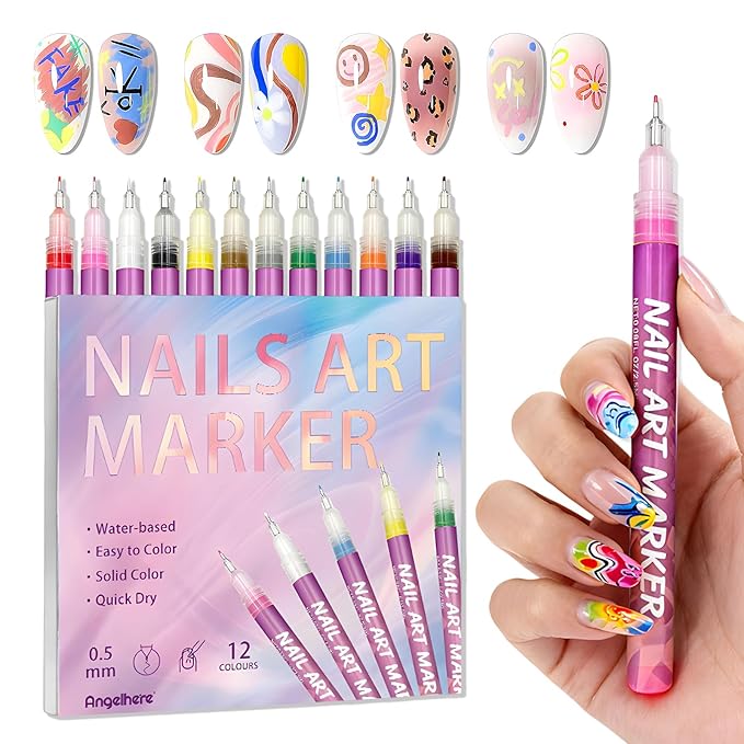 Nail Art Marker Pens, 12 Colors Fine Tip 0.5mm Nail Art Marker Pens for Detailing, Line Drawing & Dotting, DIY Nail Design Kit for Salon & Home Manicure
