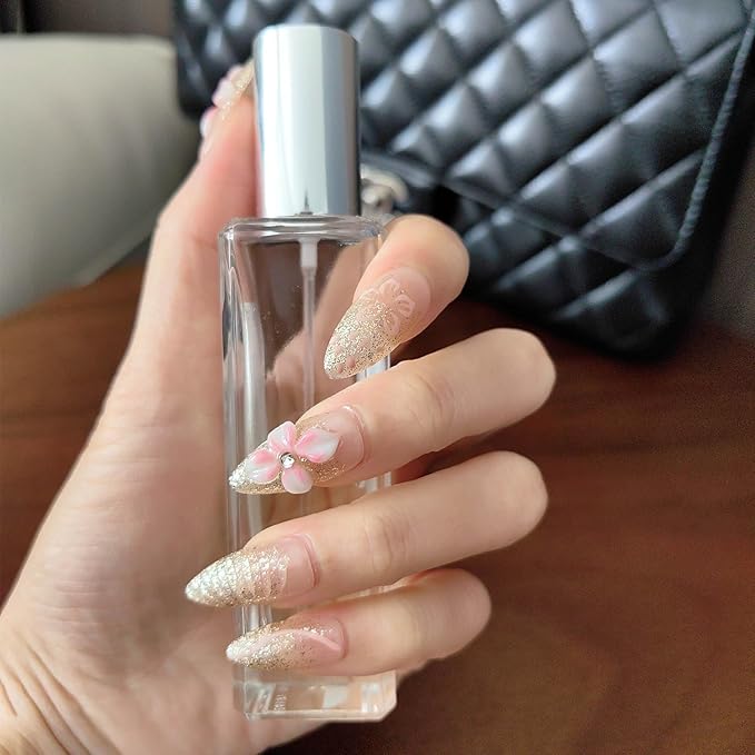 10 Medium Almond Handmade Press On Nails | Coquette Aesthetic Pink Ombre Fake Nails with 3D Floral, Glitter Gradient & Rhinestone Accents | Easy Apply & Remove, Reusable Salon Quality Nails (5U06, S)