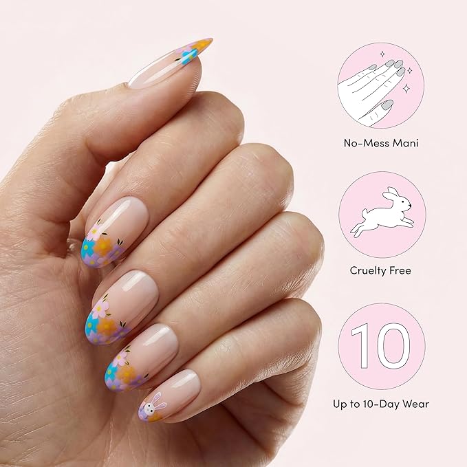 Dashing Diva Magic Press Nail Set - Hop Scotch - Medium Almond Press On Nails - Long Lasting Gel - Lasts Up to 10 Days - Easter Gel Set - 4-Piece Manicure Kit with 30 Nails