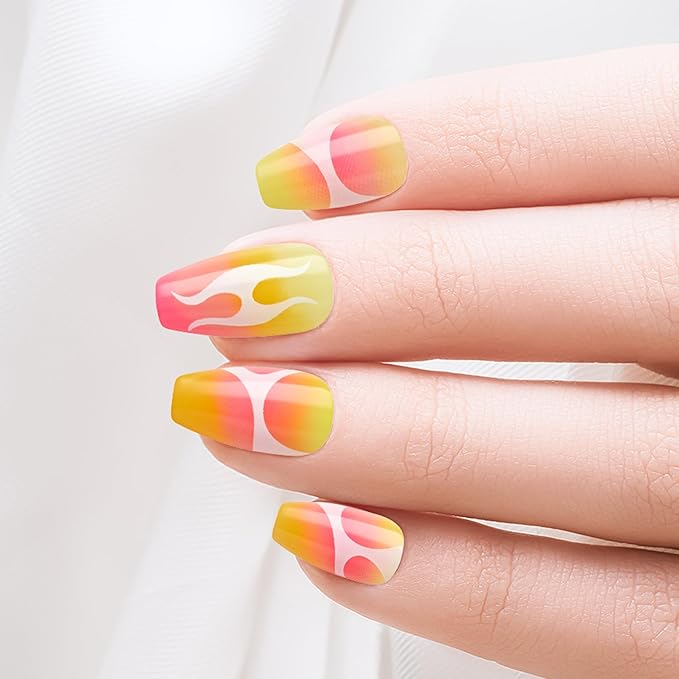 Goldfinger Trendy False Nails Kit, Long Coffin Design Nail, Playful Yellow Pink Abstract Print, Ready to Wear Gel & Manicure Stick Included, Long-Lasting Convenient & Easy to Apply