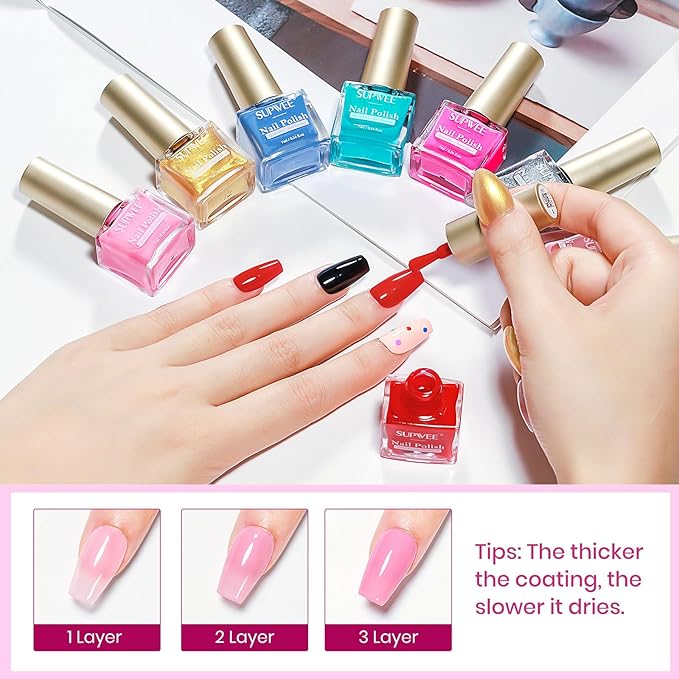 Regular Nail Polish Set Non Gel, Quick Dry Bulk Nail polish Non Gel, White Red Black Pink Colors Air Fast Drying Fingernail Lacquer for Women Girls Manicure Salon DIY Home
