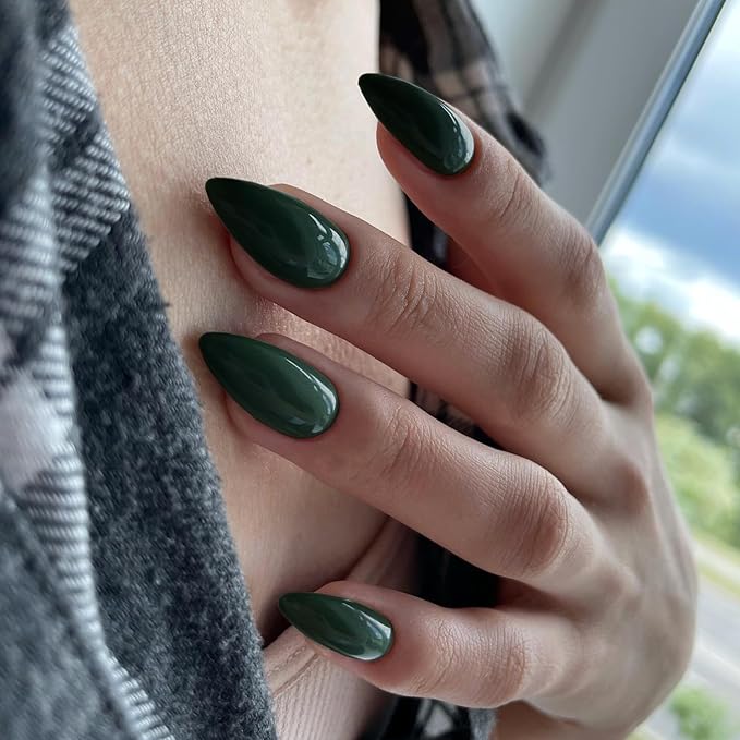 Dark Green Press on Nails Almond Shaped 48Pcs Neutral Thick Fake Nails for Women, Medium Almond Nails Press on Reusable Acrylic Nails Glue on Medium Length Stiletto False Nails Gel Artificial Nails