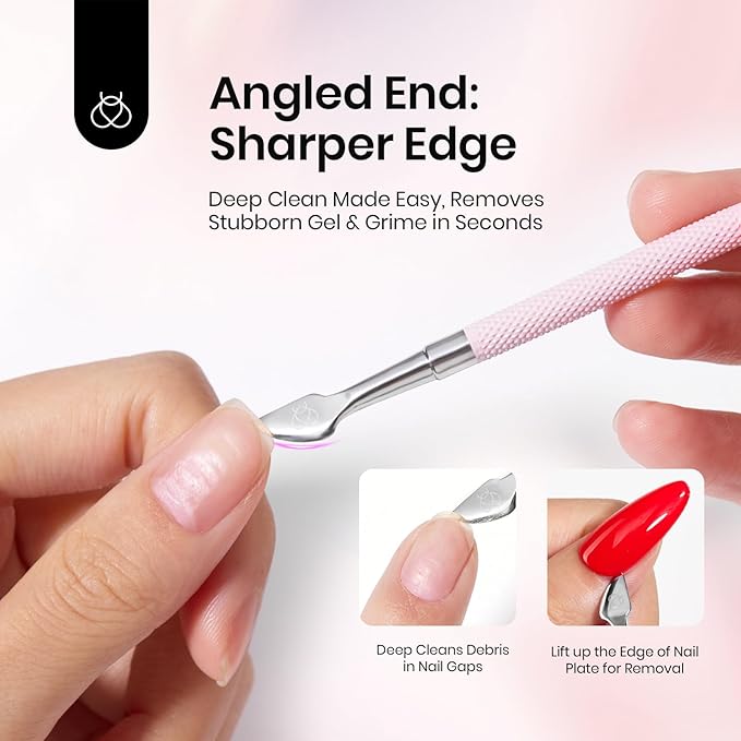 Beetles Gel Nail Remover Tool Dual-end Cuticle Pusher, Triangle End Remove Gel Polish Angled End Clean Crevice Dirt Two in One Tool Dead Skin Nail Scraper Stainless Steel Pink Remover Pusher