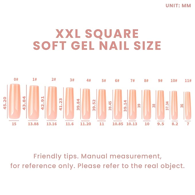 Allkem Soft Gel Nail Tips - 360 pcs XXL Square Nail Extensions - 12 Sizes Extra Extra Long Full Cover Nails - Nude (360 Pieces)