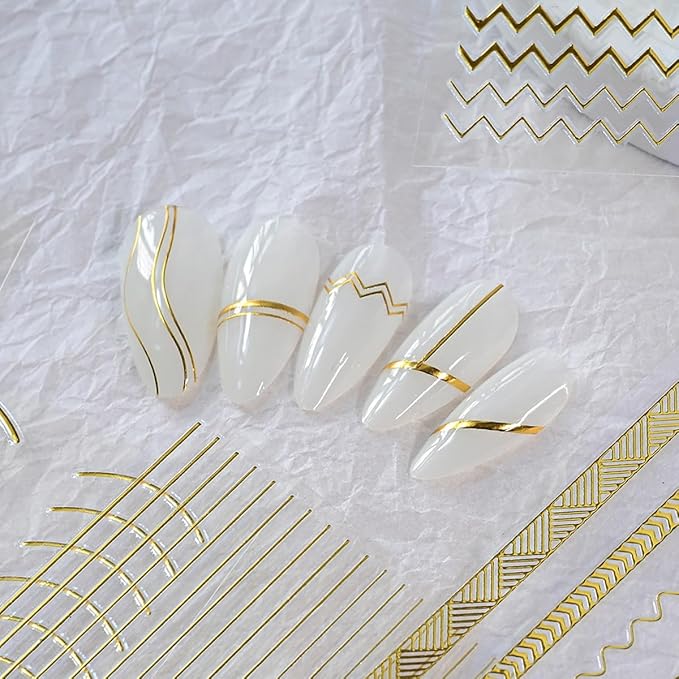 12 Sheets Gold Nail Art Stickers Gold Line Nail Stickers Irregular Nail Decals Self Adhesive Nail Art Supplies for Women Girls DIY Manicure Nail Art Decorations