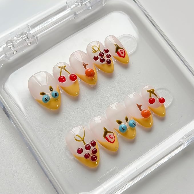 Luxury Press on Nails Short Almond Handmade 3D Unique Reusable ABS Material Fake Nails Yellow French Tip Purple False Nails with Designs Fruit Cherry Grape Glossy Glue on Nail Thick Acrylic Nail(S)