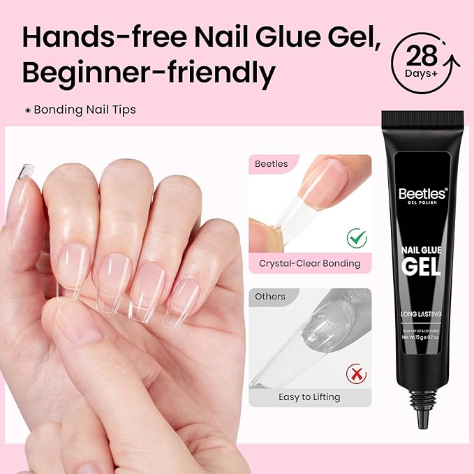 Beetles Gel Nail Kit Flat-X, Coffin Short, 320pcs 16 Sizes Nail tips, with 15g Nail Glue Gel Hands-Free, 7.5ml Base Gel & Top Coat, Mini Lamp, for Acrylic Press On Nail, Extension DIY Set at Home