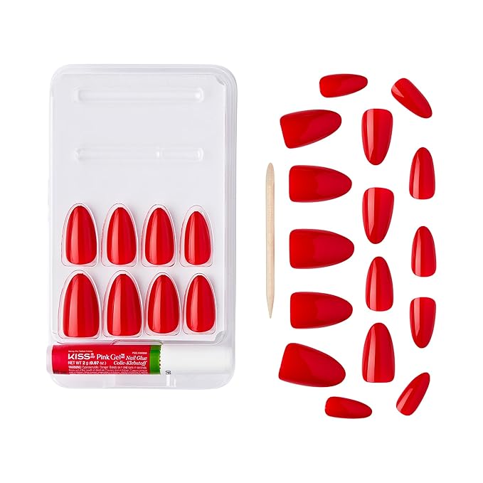 Goldfinger False Nails Kit, Red Fake Nails, Ready to Wear Gel & Manicure Stick Included, Medium Almond Shape, Long-Lasting Hottest Trend Glue on Nails, Convenient & Easy to Apply (Scarlet)
