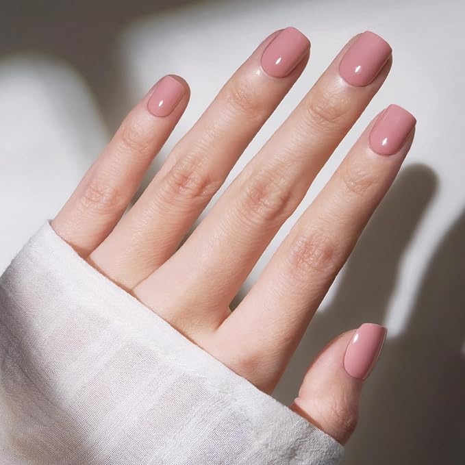 Modelones Extra Short Press on Nails, Squoval Fake Nails, Reusable Nail Kit with Nail Glue Adhesive Tabs Mini Nail File, Nails Press Ons 32Pcs 16 Sizes, Cosy Pink, Spring Women Girl Gift