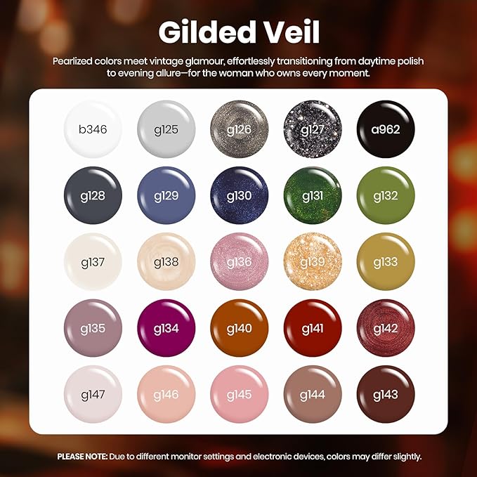 beetles Gel Polish Set - Gel Nail Polish Kit Gilded Veil 25 Colors Black White Burgundy Blue Nude Grey Green Glitters UV Led Nail Polish with Top Base Coat Soak off Nail Art Gift for Women