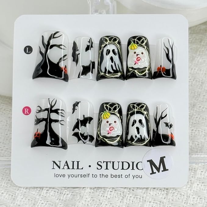 Halloween Press on Nails Ghost Press on Nails Short Duck Fake Nail with Pumpkin Head Bat Designs Handmade Full Cover Glitter Halloween Glue on Nail for Women Girls (Size M)