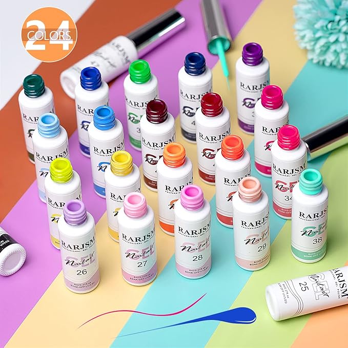 RARJSM Nail Art Gel Liner 24 Color Line Art Painted Gel Nail Polish Set Pink Blue Green Silver Gold Glitter for Nails Painting Drawing Soak Off U V L E D Curing Requires Bulid in Thin Nailart Brush