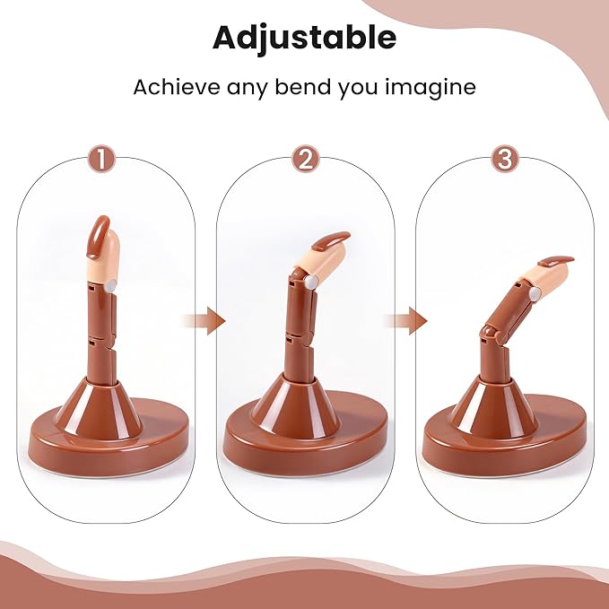 Practice Finger for Acrylic Nails, 3PCS Adjustable Nail Practice Hand Finger with Base Stand and 100PCS Brown Nail Tips, Practice Hand for Home Salon DIY Beginner(Brown)