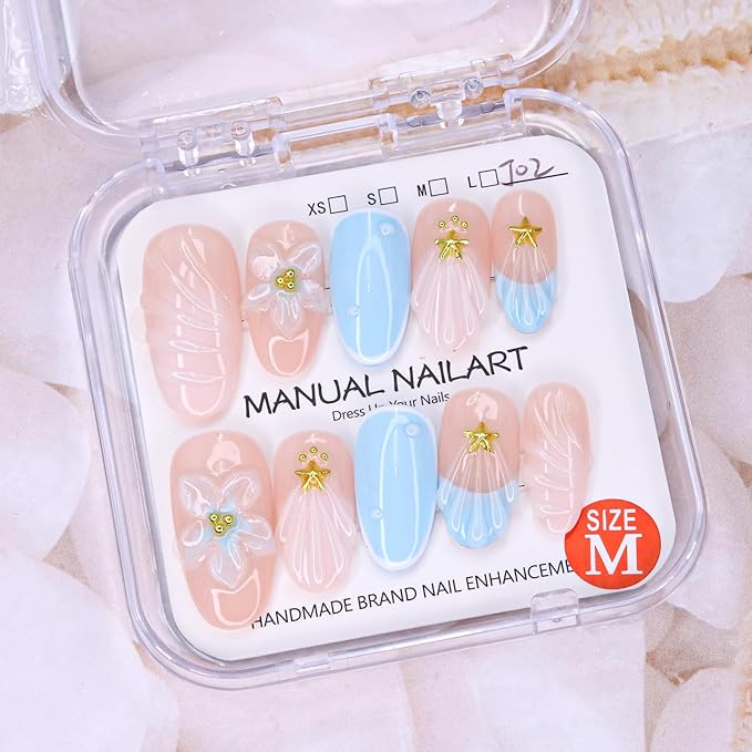 Flower Press on Nails Blue French Stick on Nails Short Almond Fake Nails Set Handmade 3D Flower Starfish Water Ripple Designs Thick Acrylic Nail Full Cover False Nail for Women (Size M)