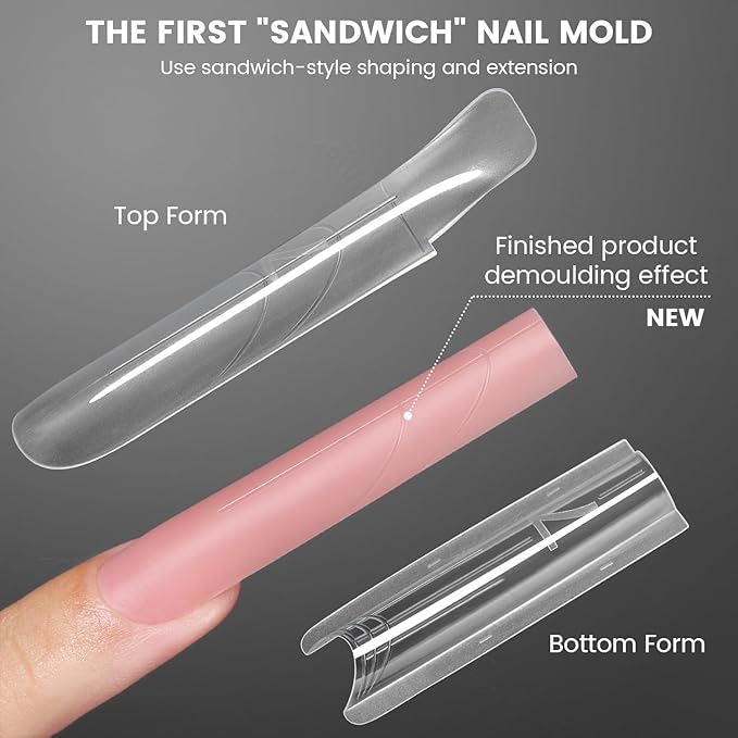 YOKEFELLOW Original Sandwich Nails Dual Forms - 240Pcs Long Coffin Nail Mold for Quick Nails Extension, No Paper Forms Needed, 15 Sizes Plastic Form, Salon Nail Art Tools(W556-Long Square)