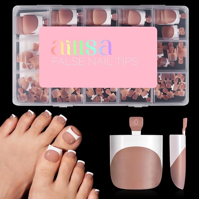 AILLSA French Tip Press on Toe Nails, 150PCS Sharp Square Brown Pink Acrylic Fake Toenails 15 Sizes Full Cover Long-Lasting for Women DIY Pedicure