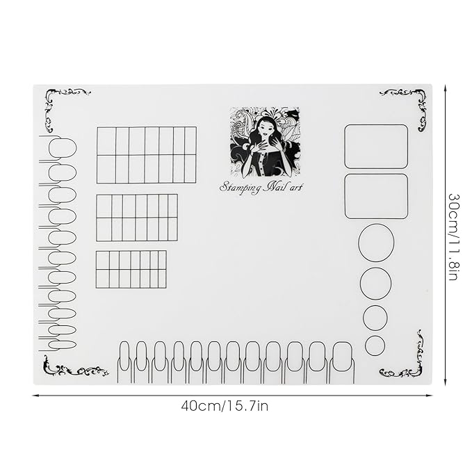 Segbeauty 2pcs Silicone Nail Mats, 16" Silicone DIY Nail Art Stamping Mats, Workspace Stamping Manicure Mat, Nail Polish Coloring Practice Pad, Nail Sticker Trainer Guide Table Cover Palette Tool