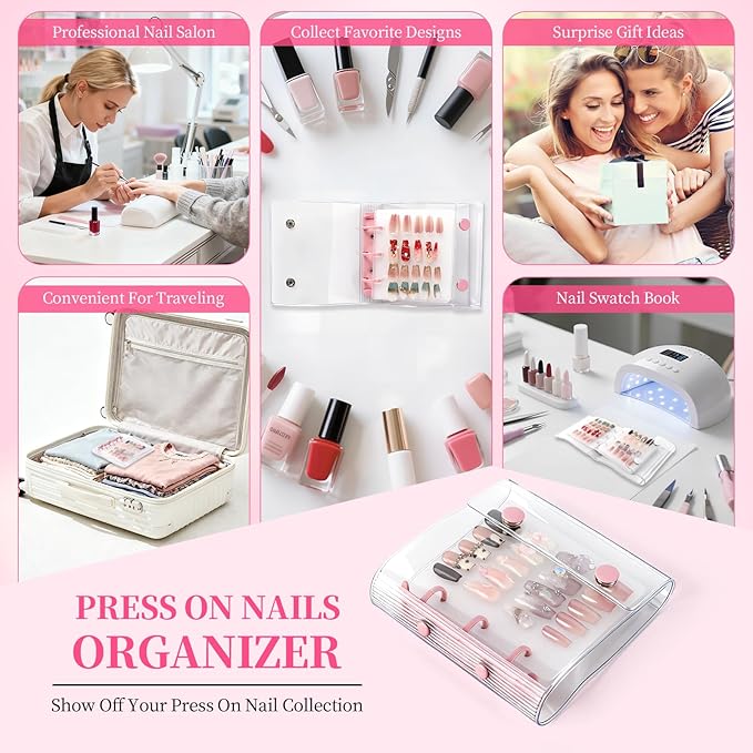 Press On Nail Organizer, 2Pcs Press On Nail Binder Book with 12 Insert Pages-A8 Sized & Double Sized Tape, Fake Nails Swatch Display Collecting Storage Book(Pink+White)