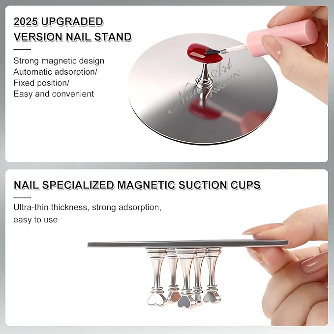 ANGNYA Nail Stand for Press Ons,Round Shape Super Magnetic Base Nail Holder for Painting Nails with 200 Pcs Reusable Double-Sided Tape for Nails Practice Nail Tools Home DIY Salon Supplies