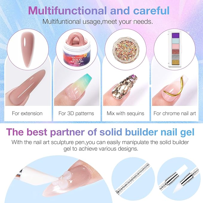 60g Solid Builder Nail Gel with 3D Sculpting Mold, Non-Sticky Hand Carving Gel for Nail Art Extension - Hard Gel for DIY & Salon, UV/LED Cured, Large Capacity (Nude)