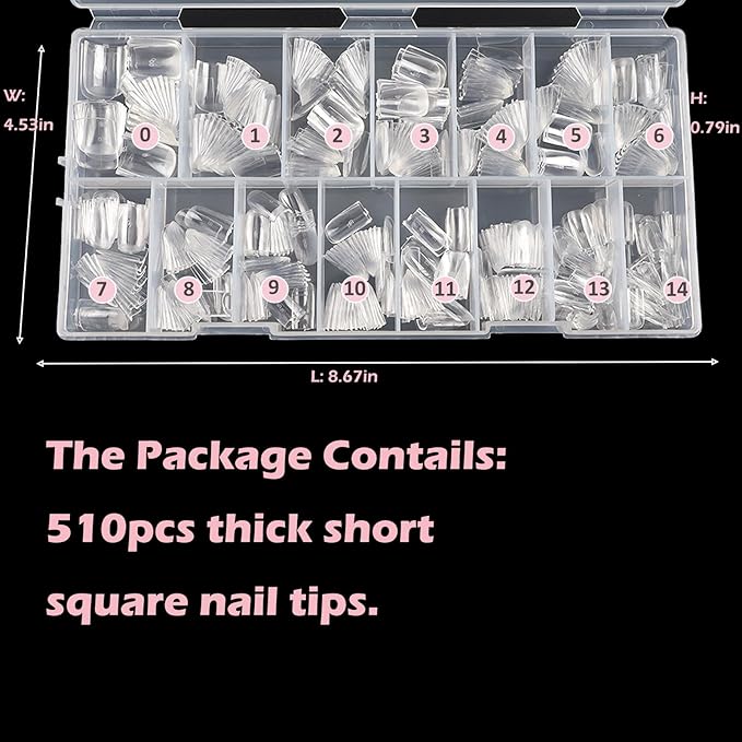 Short Square Nail Tips, 510Pcs Thick Straight Full Cover Fake Nails, Sharp Square Clear Press-On Nails French Acrylic False Nail Tips for Salon Home DIY 15 Sizes