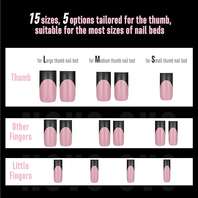 NOVO OVO Medium Sharp Square Black French Tip Nail Tips Press on BERRY PINK, Extra Thick NEED Builder Glue Gel & Top Coat, Soft Gel Full Cover False Fake Nail Extension for Salon DIY x 15 Sizes 180 pc
