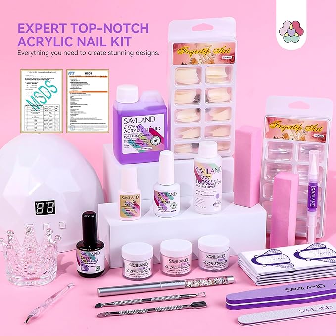 SAVILAND Acrylic Nail Kit: Professional Nails Kit Set Clear White Pink Acrylic Powder and Liquid Set with U V Nail Lamp Nail Remover for DIY Home Use