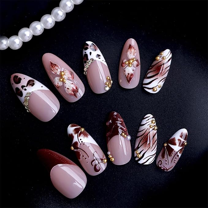 Long Press on Nails Almond MABKJLF French Tip Fake Nails 3D Fall False Nails with Leopard Print Flower Rhinestones Designs Brown Glossy Glue on Nail Autumn Acrylic Nails for Women Girls 24Pcs