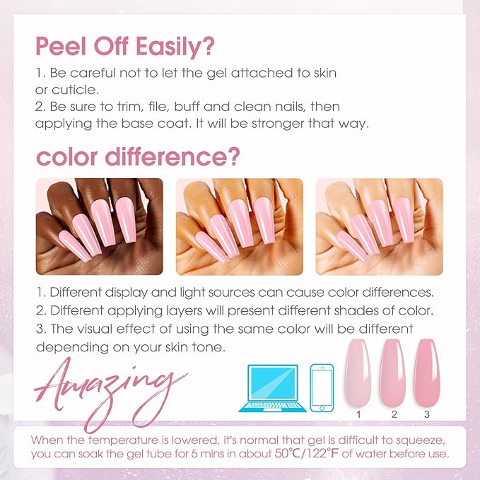 ROSALIND Light Pink Nude Poly Nail Gel Kit 0.34 oz/10 ml - 20 Colors White Brown Poly Extension Gel with Mini U V Lamp Builder Nail Gels Starter Kit with Nails Forms Base Coat Coat Beginners Set