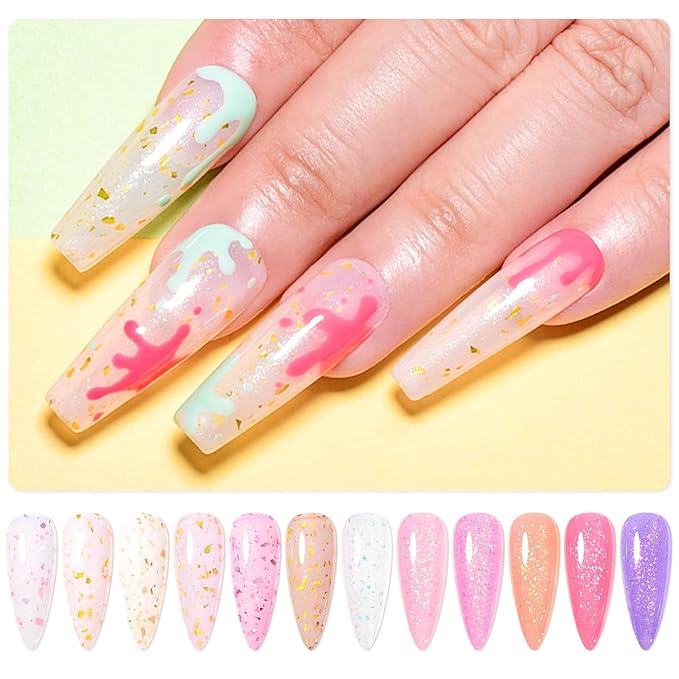 MTSSII 12 Colors Rubber Base Gel Set, Jelly Builder Gel Nude Sheer White Pink Purple Gold Foil Cloud-pattern Brocade 2-in-1 Soak Off Base Nail Strengthener Kit