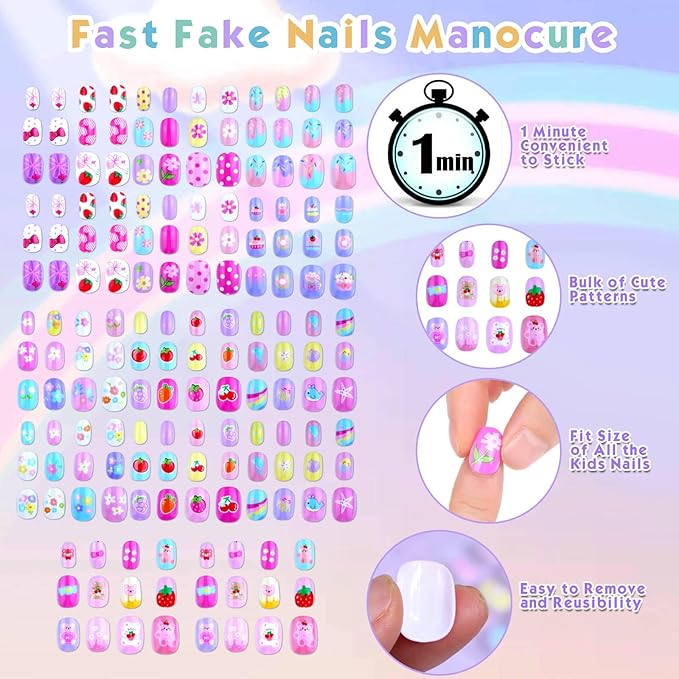 168Pcs Press on Nails for Kids Girls, Shynek Kids Fake Nails for Children Pre Glue Stickers Nails Full Cover Short Acrylic Nails Set Gifts for Girls Nail Art Decoration