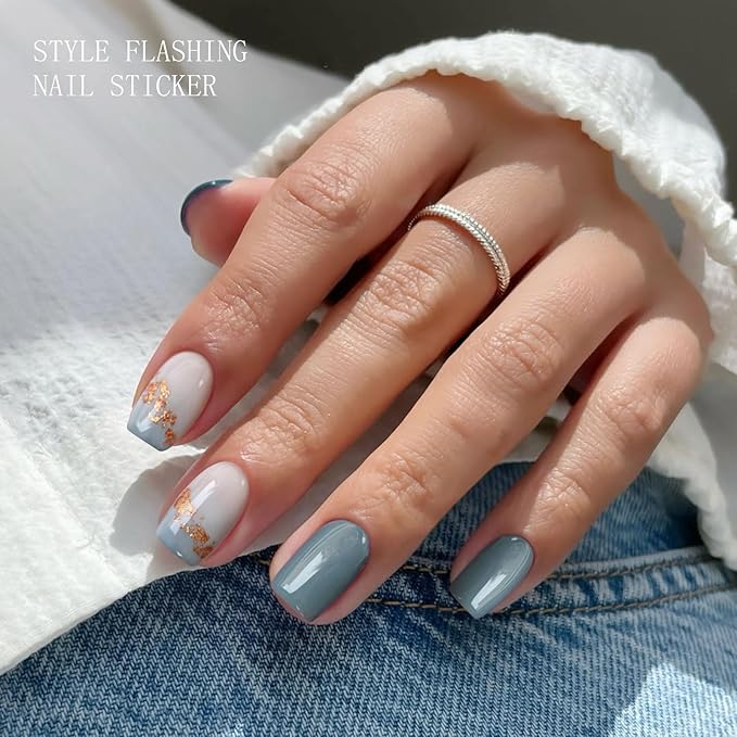 JMEOWIO Gel Nail Stickers Gold Glitter Gradient Blue Semi Cured Gel Nail Strips Wraps UV/LED Nails Art Design Decoration Accessories