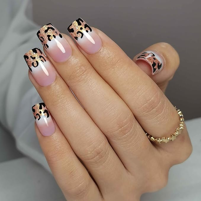 Curvlife Soft Gel Press on Nails Square Fake Nails with Design Full Cover False Nails for Women Reusable Nail Kit with Nail Glue Adhesive Tabs Nail File (leopard print, Long)