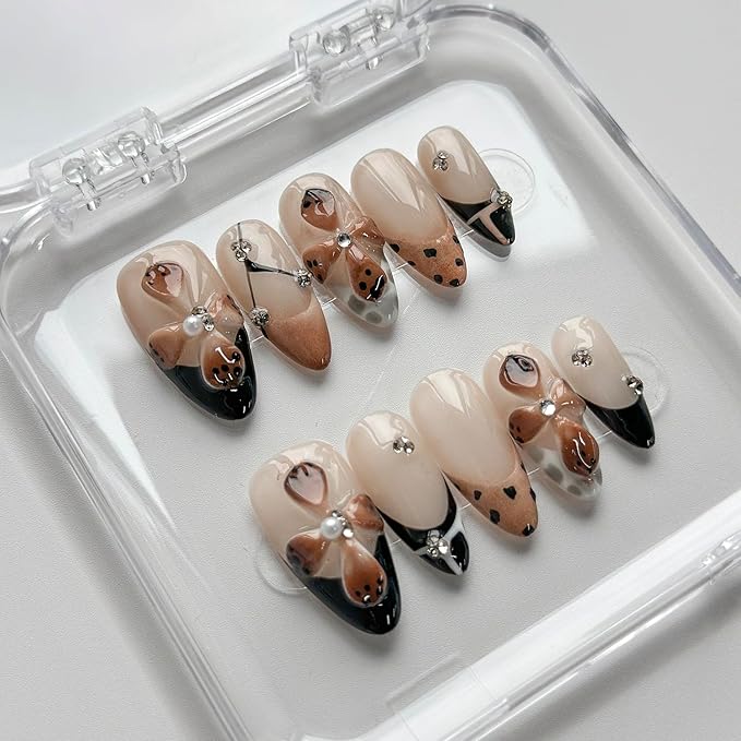 Luxury Press on Nails Short Almond Handmade 3D Unique Reusable ABS Material Fake Nails French Tip False Nails with Designs Polka Dots Flower Rhinestones Brown Glossy Glue on Nail Thick Acrylic Nail(M)