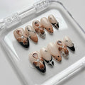 Luxury Press on Nails Short Almond Handmade 3D Unique Reusable ABS Material Fake Nails French Tip False Nails with Designs Polka Dots Flower Rhinestones Brown Glossy Glue on Nail Thick Acrylic Nail(M)