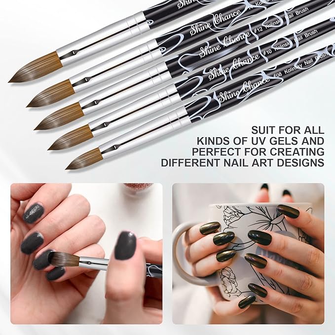 2Pcs Acrylic Nail Art Brushes Size 8 10, 100% Pure Kolinsky Hair Oval Nail Brush for Acrylic Application, Professional Nail Extension Manicure Tool Striping Nail Drawing Pen for Home
