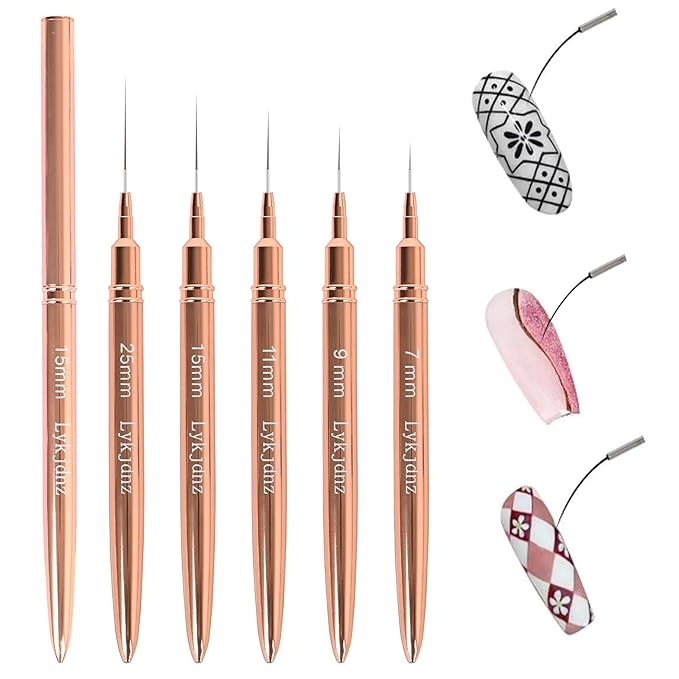 5pcs Nail Art Liner Brushes,Liner Brush For Nails Gel,Painting Art Design Brush Set Nail Dotting Drawing Tool For Long Lines, Thin Details, Fine Drawing Sizes 7/9/11/15/25mm（Rose Golden）