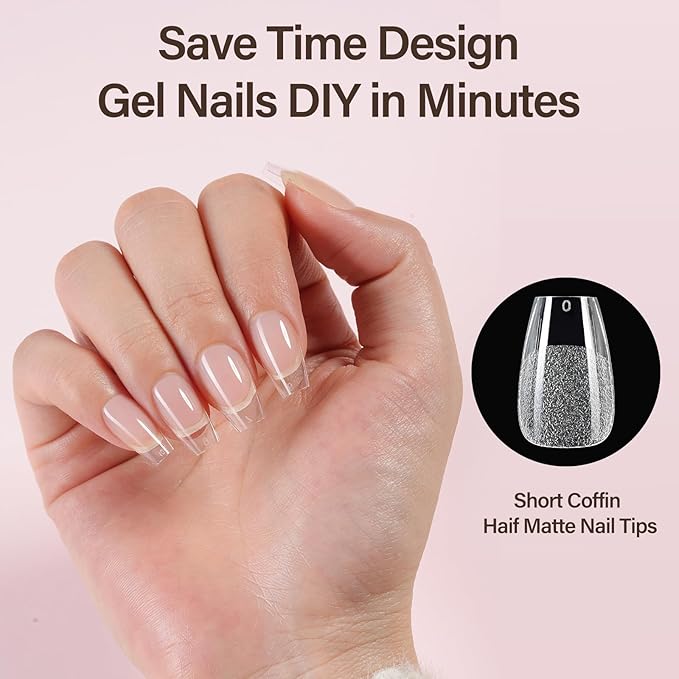Misssix Short Coffin Gel x Nail Tips Kit, 216Pcs Pre Etched Clear Fake Nails, Full Cover False Nail 9-in-1 Gel Glue and Portable Mini U V Nail Lamp for Women 12 Sizes