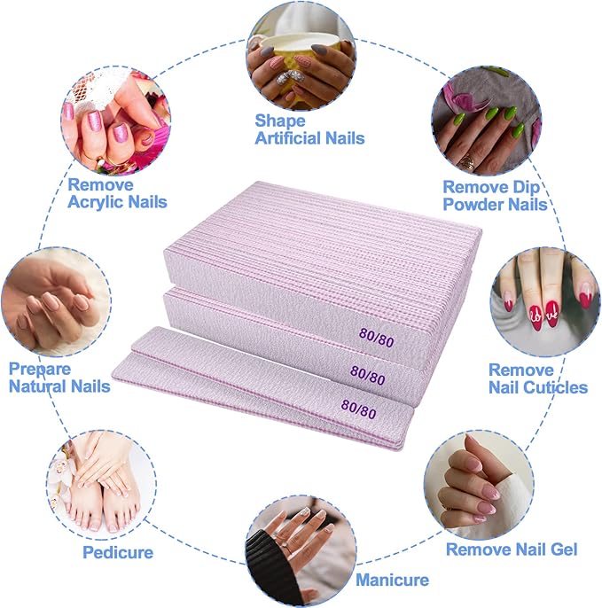 80/80 Grit Nail Files, Emery Boards Nail File for Acrylic and Gel Nails, Coarse Nail File Double Sided 80 Grits Emory Professional Filers Reusable Washable Manicure Square Gray (50 Pcs 80/80 Grit)