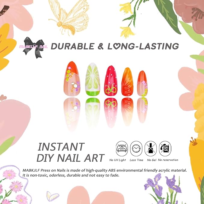 Medium Almond Press on Nails MABKJLF French Tip Fake Nails 3D False Nails with Strawberry Flower Rhinestones Designs Cute Glossy Glue on Nails Summer Stick on Nails for Women Girls 24Pcs