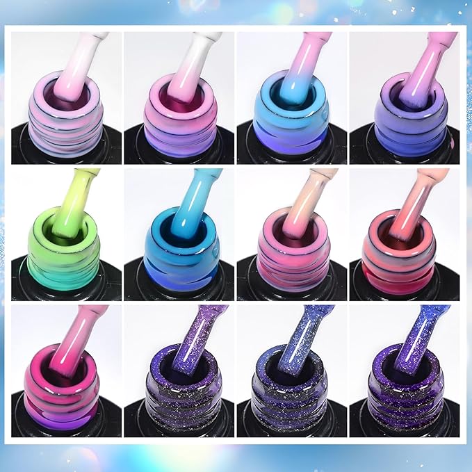 Color Changing Gel Nail Polish Set Temperature Mood Changed Glitter Blue Purple Nail Art Design Gifts for Women Girls 12Pcs*8ml